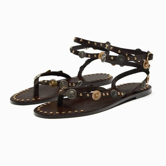 ZARA EMBELLISHED FLAT LEATHER SANDALS BROWN SIZE 10 | 1613/210 - Picture 1 of 4